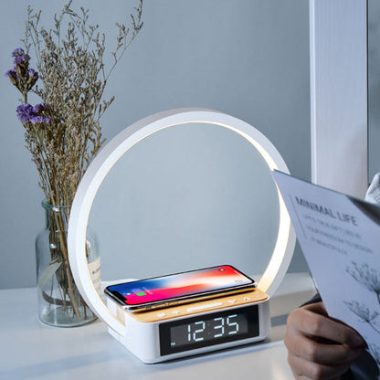 Minimalistische Runde Tischlampe Mit LED Wecker Und Kabelloser Aufladung