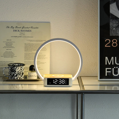 Minimalistische Runde Tischlampe Mit LED Wecker Und Kabelloser Aufladung