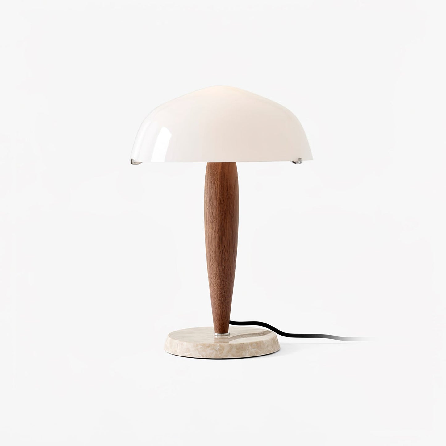 HermanLeuchte: Tischlampe mit Glas, dunklem Walnussholz und Marmorelementen