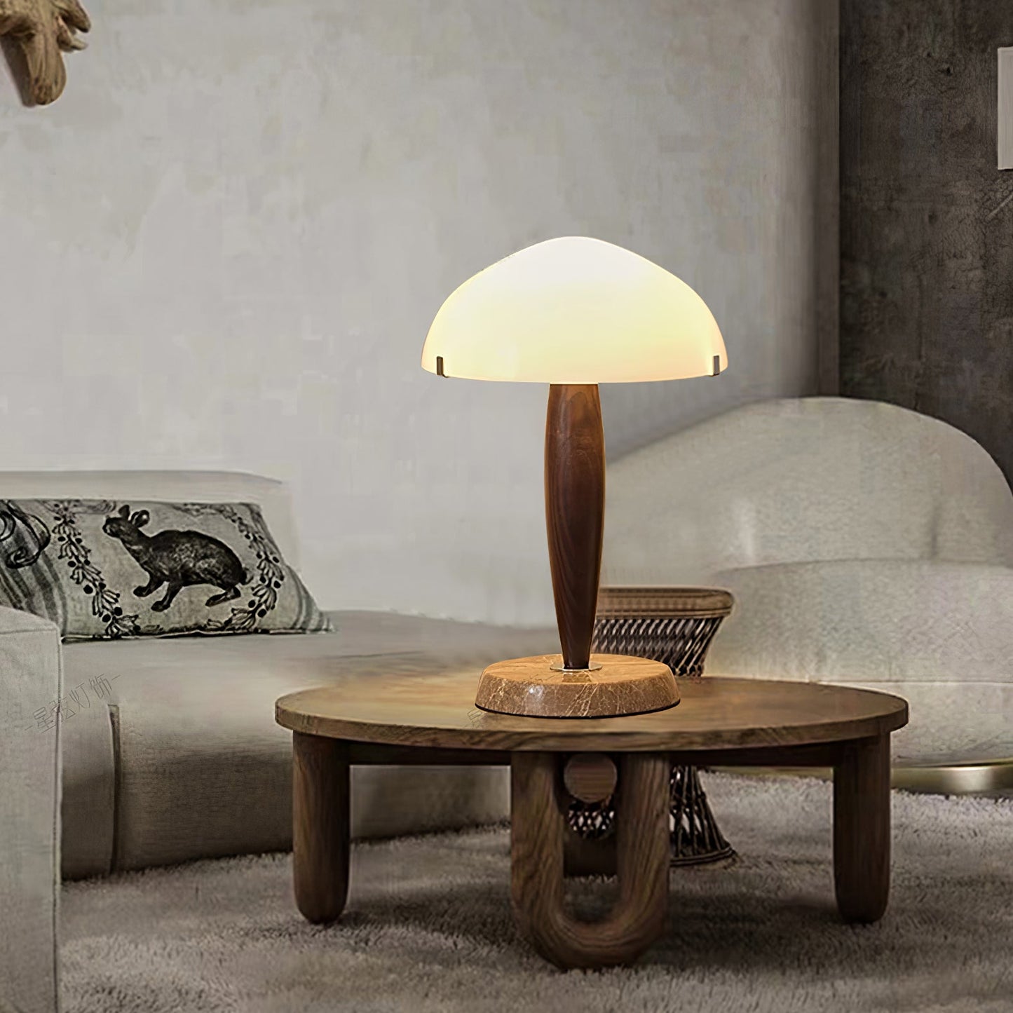HermanLeuchte: Tischlampe mit Glas, dunklem Walnussholz und Marmorelementen