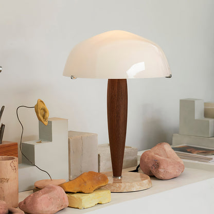 HermanLeuchte: Tischlampe mit Glas, dunklem Walnussholz und Marmorelementen