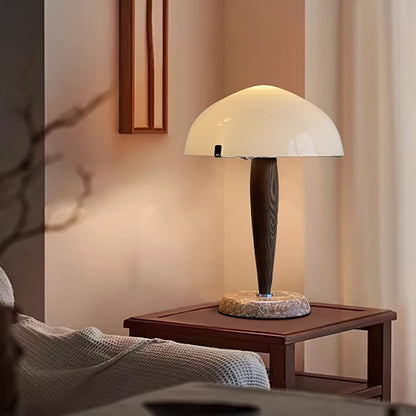 HermanLeuchte: Tischlampe mit Glas, dunklem Walnussholz und Marmorelementen