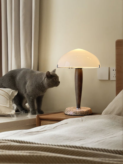 HermanLeuchte: Tischlampe mit Glas, dunklem Walnussholz und Marmorelementen