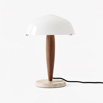 HermanLeuchte: Tischlampe mit Glas, dunklem Walnussholz und Marmorelementen