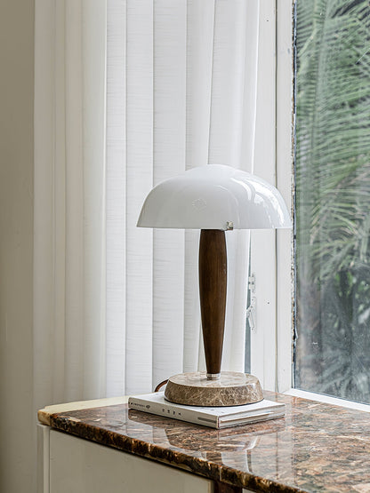 HermanLeuchte: Tischlampe mit Glas, dunklem Walnussholz und Marmorelementen