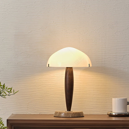 HermanLeuchte: Tischlampe mit Glas, dunklem Walnussholz und Marmorelementen