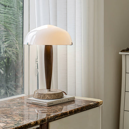 HermanLeuchte: Tischlampe mit Glas, dunklem Walnussholz und Marmorelementen
