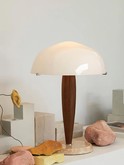 HermanLeuchte: Tischlampe mit Glas, dunklem Walnussholz und Marmorelementen