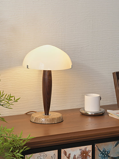 HermanLeuchte: Tischlampe mit Glas, dunklem Walnussholz und Marmorelementen