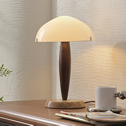 HermanLeuchte: Tischlampe mit Glas, dunklem Walnussholz und Marmorelementen