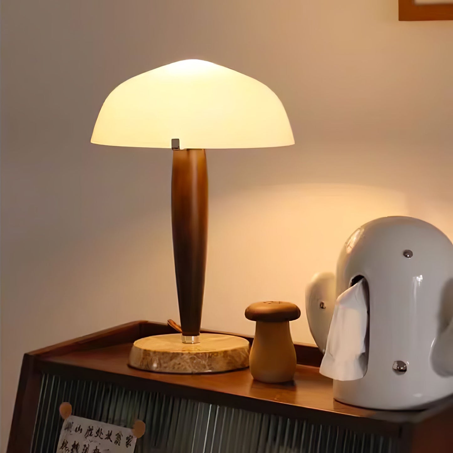 HermanLeuchte: Tischlampe mit Glas, dunklem Walnussholz und Marmorelementen