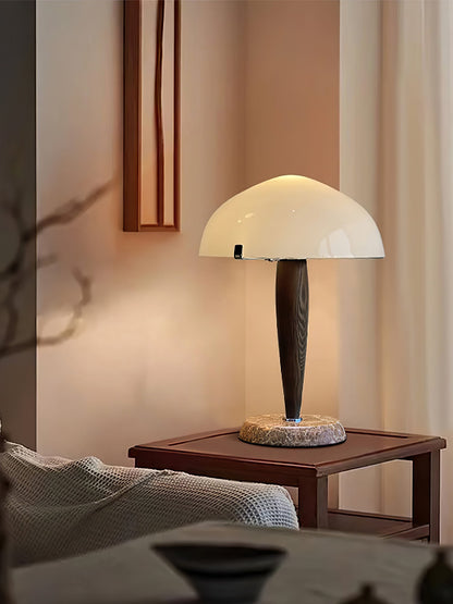 HermanLeuchte: Tischlampe mit Glas, dunklem Walnussholz und Marmorelementen