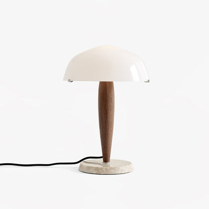 HermanLeuchte: Tischlampe mit Glas, dunklem Walnussholz und Marmorelementen