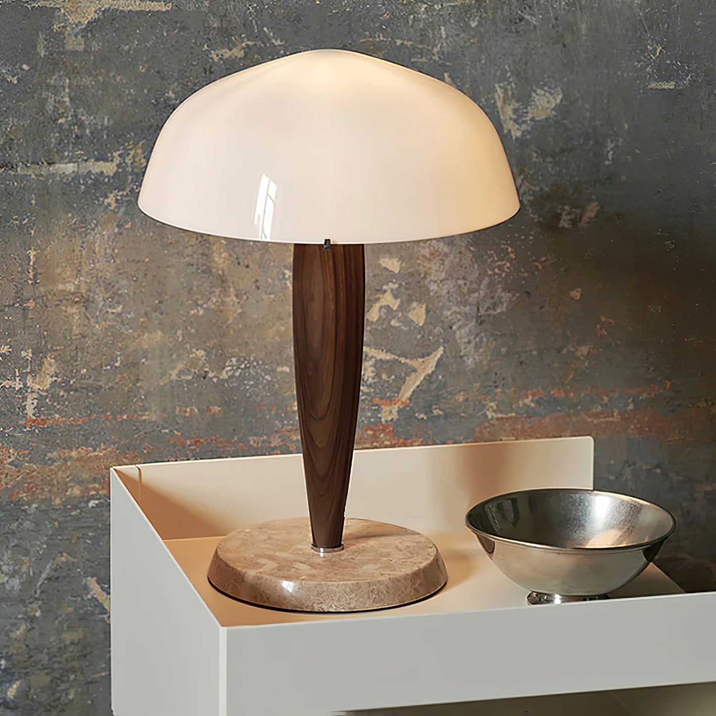 HermanLeuchte: Tischlampe mit Glas, dunklem Walnussholz und Marmorelementen