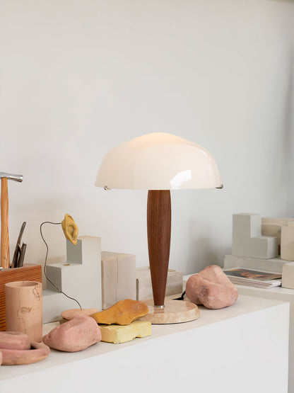 HermanLeuchte: Tischlampe mit Glas, dunklem Walnussholz und Marmorelementen