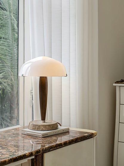 HermanLeuchte: Tischlampe mit Glas, dunklem Walnussholz und Marmorelementen