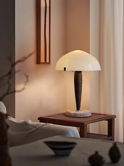 HermanLeuchte: Tischlampe mit Glas, dunklem Walnussholz und Marmorelementen