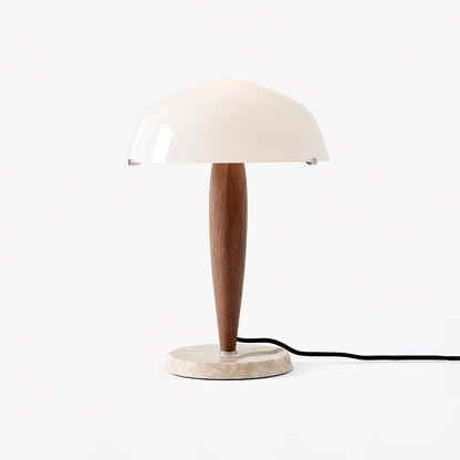 HermanLeuchte: Tischlampe mit Glas, dunklem Walnussholz und Marmorelementen
