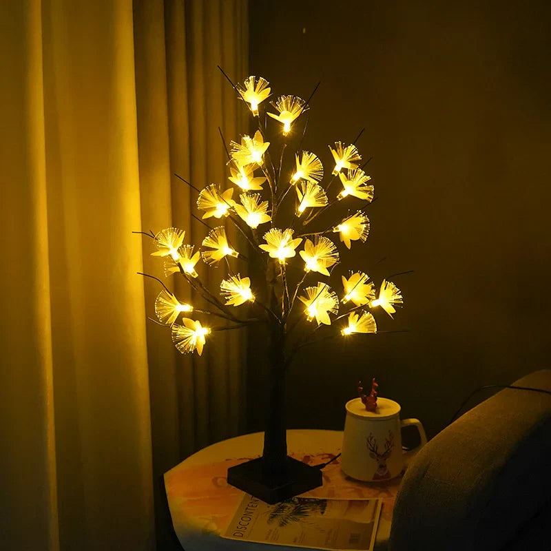 BlütenBirke: Elegante Leuchtbaum-Lampe mit faseroptischen Blüten