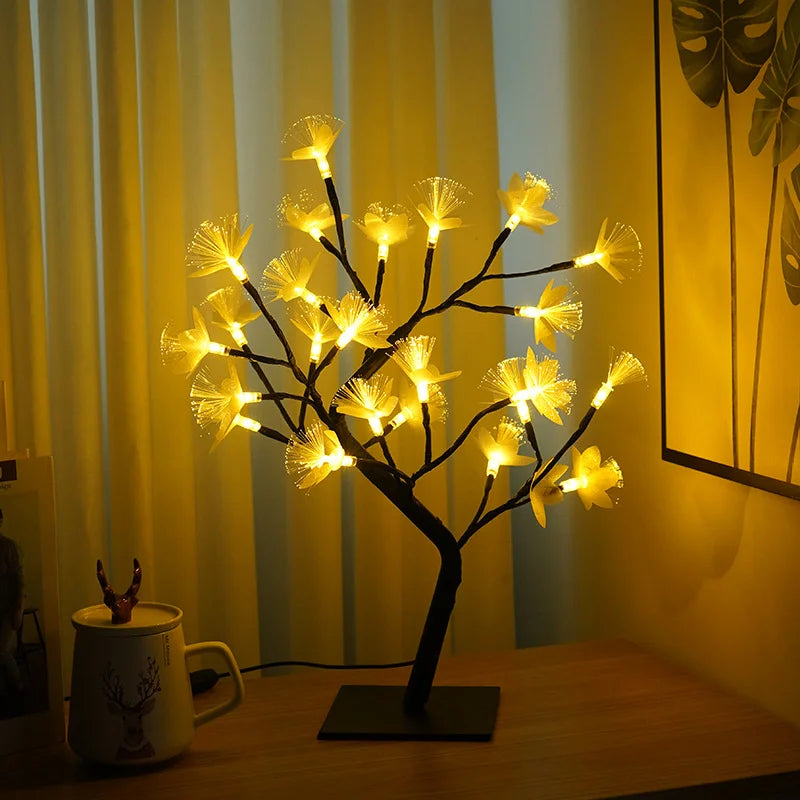 BlütenBirke: Elegante Leuchtbaum-Lampe mit faseroptischen Blüten