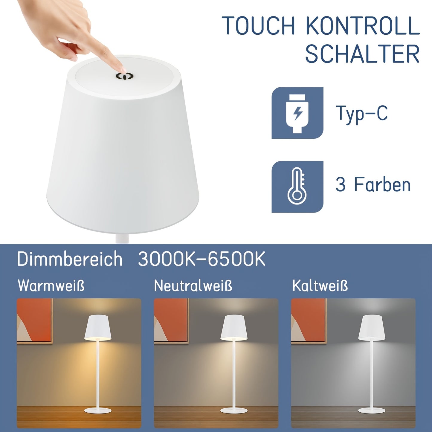 2 Stück Wiederaufladbare Kabellose Led Touch Tischlampe