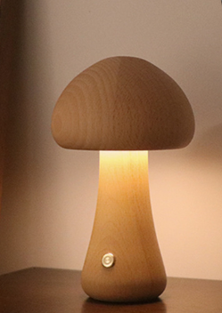 MiroBlüte: Wiederaufladbare Pilz-Tischlampe mit Holzdetails
