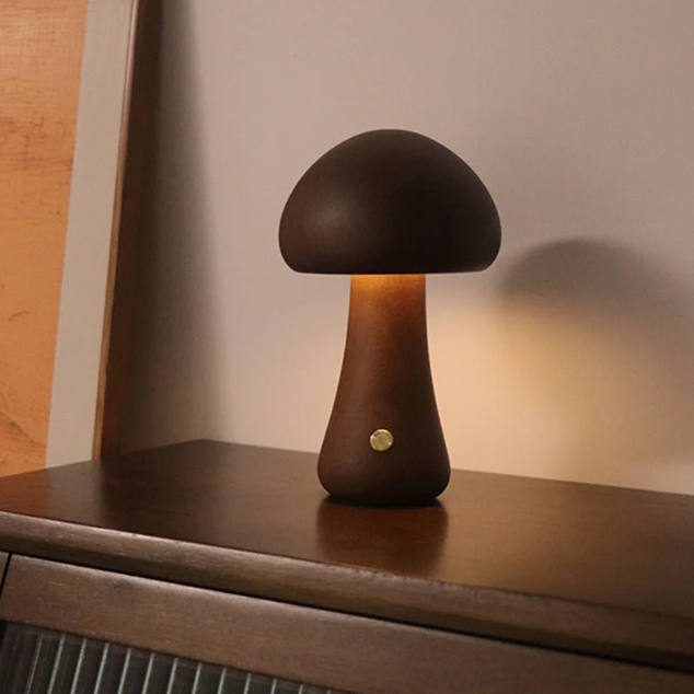 MiroBlüte: Wiederaufladbare Pilz-Tischlampe mit Holzdetails